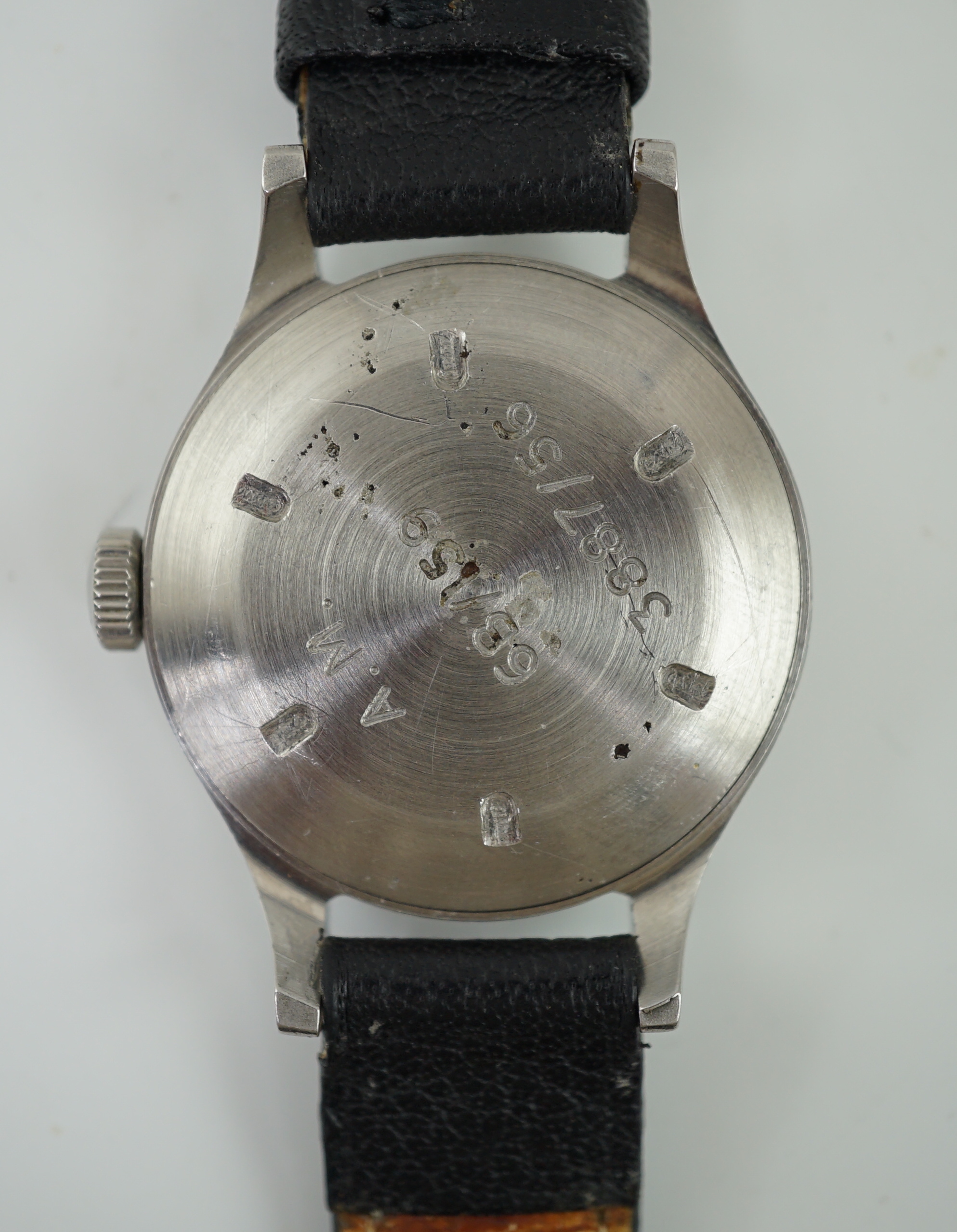 A gentleman's 1956 stainless steel British Military Issue Omega RAF Pilot's manual wind white dial wrist watch